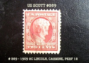 Rare United States Stamp US Scott # 369 - 1909 2c Lincoln, carmine, perf 12 - Picture 1 of 2