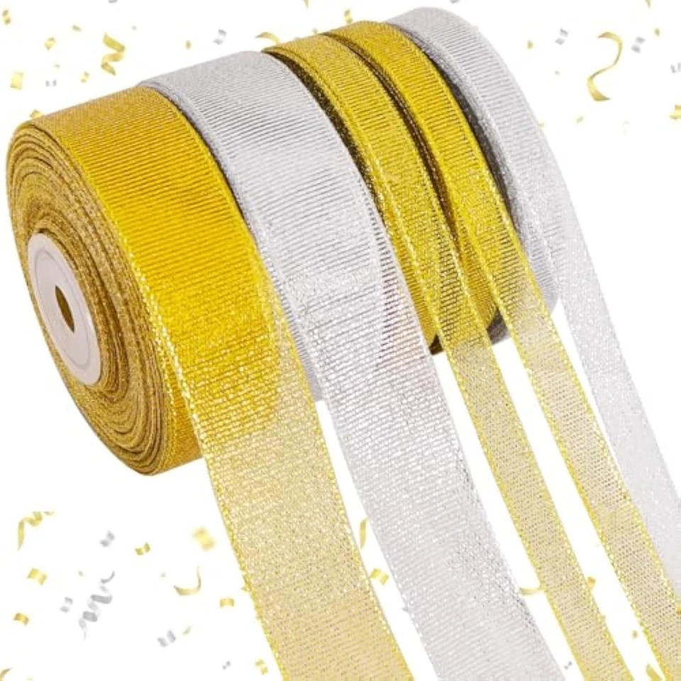 Juego de 5 rollos de cinta de brillo de Navidad - oro y plata 3/8" y 1" ancho x Foto 1 de 1