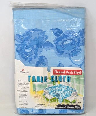 Mantel vintage 1962 universal azul floral festoneado franela trasero vinilo 52x70 Foto 1 de 4