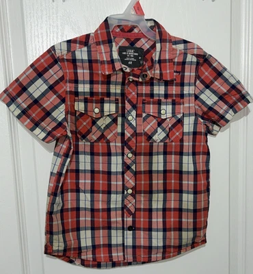H&M Boys 5-6 Y Red-Blue Plaid Short-Sleeve Button-Up Shirt 100% Cotton NWT - Image 1 of 4