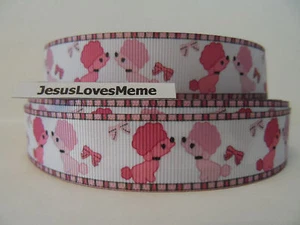 Grosgrain Ribbon, Pink Poodles Doggies Kissing with Pink Checked Border, 7/8" - Picture 1 of 1