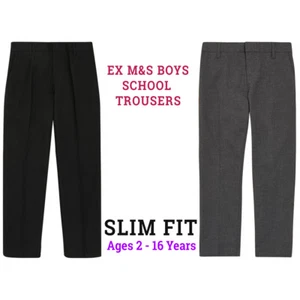 Ex M&S Boys School Trousers Slim Fit Black Grey Adjustable Waist Age 4 - 14 Year - Picture 1 of 19