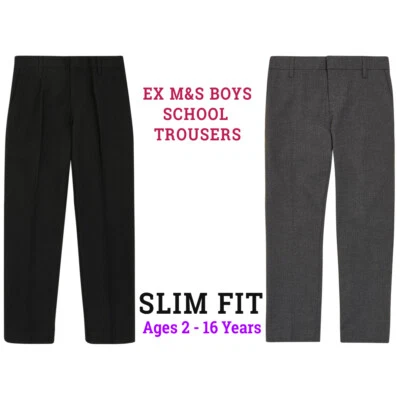 Ex M&S Boys School Trousers Slim Fit Black Grey Adjustable Waist Age 4 - 14 Year