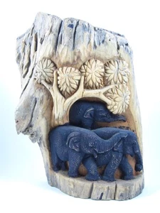 Elefantenfamilie im Wald auf Teakholzstamm - 37 cm - Bild 1 von 3