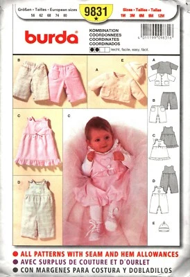 Burda 9831 ~ Pants -Jacket-Hat -Dress-overalls ~ Sizes 1Mos ~12Mos - Image 1 of 4