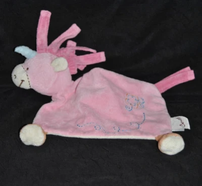 🦄Doudou plat licorne BENGY rose fleurs brodées bleues  TBE - Photo 1/3
