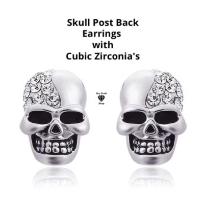 Halloween Mujeres Hombres Calavera 💎 Circonita Cúbica Poste Trasero Pendientes Plata + Bolsa de Regalo Foto 1 de 4