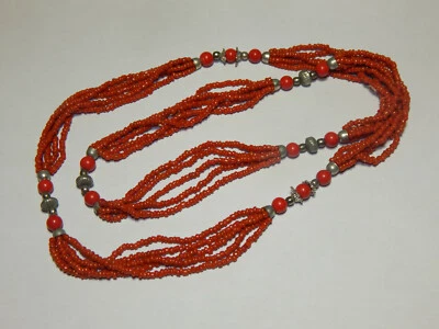 Rosso Corallo Colore Grani Perlina Vari Fili 34 " Lungo Argento Collana Ce 14.10 - Immagine 1 di 4