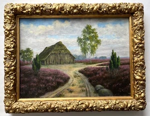 Ölgemälde Leinwand „Alter Schafstall“ Lüneburger Heide W. Hoppenworth (?) 1945 - Bild 1 von 8