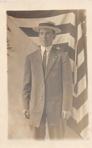 J63/ Peru Indiana RPPC Postcard c1910 Patriotic Man American Flag 308 - Picture 1 of 4