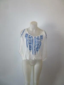 CAMICIA DONNA MIEEION BIANCA CON RICAMO BLU BOHO SPALLE FREDDE TAGLIA XS* - Foto 1 di 11