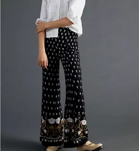 Anthropologie Floral Wide Leg Pants Bell Bottom Palazzo flare Size 6 Nwt Black - Picture 1 of 7