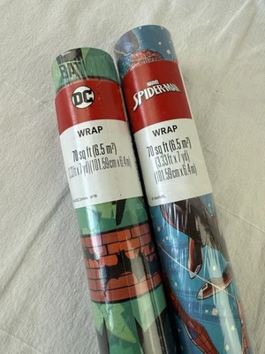 2 rolls Wrapping Paper Christmas Batman  & Spiderman Disney DC 70 sq ft each! - Image 1 of 4