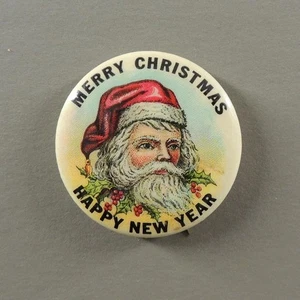 Vintage Santa Claus Merry Christmas Happy New Year Holiday Pinback Button - Picture 1 of 2