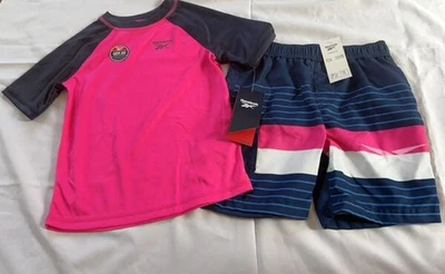 Reebok Boy's 2 Pc. Swim Set Size 6 NEW Rashguard Laser Pink Navy - Image 1 of 4