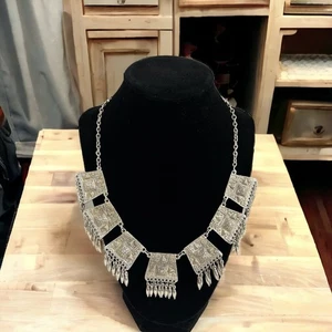 Vintage 900 Stamped Sterling Silver Mexico Aztec Fringe Link Choker Necklace - Picture 1 of 20