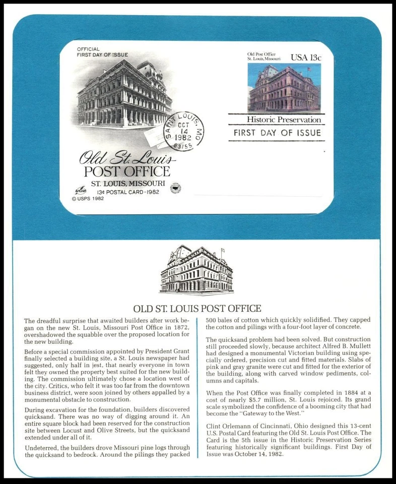 1982 Old Post Office St. Louis Sc UX97 FDC PCS postal card architecture Missouri - Image 1 of 1