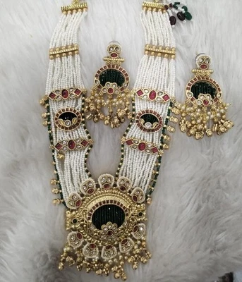 Набор ювелирных изделий из зеленого индийского традиционного свадебного позолоченного жемчуга полки кундан - Изображение 1 из 4