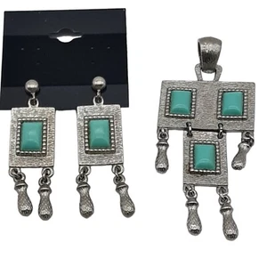 Vintage Sarah Coventry Faux Türkis Cabochon Anhänger & Ohrringe Set Silberfarben - Bild 1 von 11