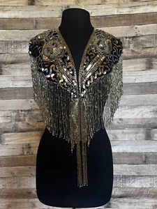 Silver/Blk Sequin Beaded Glass Fringe Shrug Collar Shawl Applique Western Rodeo - Picture 1 of 3