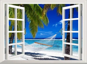 Decalcomania da parete spiaggia 3D falso adesivo finestra poster palmo tropicale carta da parati - Foto 1 di 7