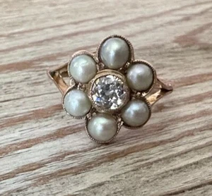 Antique Old Mine Cut Diamond And Pearl Ring - Picture 1 of 9