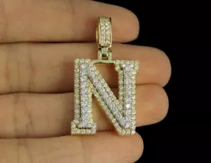 2Ct Round Created VVS1/D Diamond Initial-Letter-N Pendant 14K Yellow Gold Plated - Picture 1 of 8