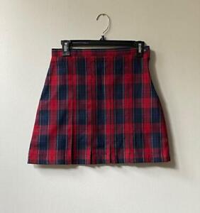 Lands End School Uniform Custom Girls Red/Navy Plaid Box Pleat Skirt 10 NWOT