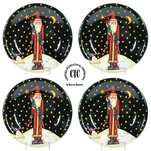Certified International MIDNIGHT SANTA 8" Dessert Plate Set 4 Tiny Gold Star MIB - Picture 1 of 13