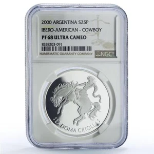 Argentina 25 pesos Doma Criolla Man Horse Ibero-American PF68 NGC Ag coin 2000 - Picture 1 of 2