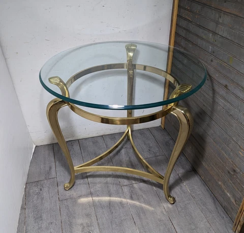 Vintage Round Brass Glass Top End Table Hollywood Regency Shell La Barge Style Cover