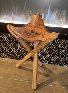 Vintage Handmade Tooled Stitched Embossed Leather Folding Tripod Camp Stool 24” - Picture 1 of 12