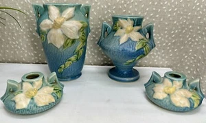 Vintage Roseville Art Pottery Blue Clematis Double Handled Vase Lot - Picture 1 of 7