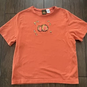 Halloween Pumpkin and Candy Corn Onque Casuals Orange T Shirt size M - Picture 1 of 6