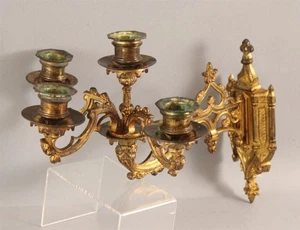 Antica applique da parete vittoriana XIX secolo bronzo dorato gotico portacandele, senza prezzo di riserva - Foto 1 di 9