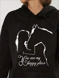 Horse Print Kangaroo Pocket Hoodie, Casual Long Sleeve Drawstring Hooded Sweatsh - Picture 1 of 7