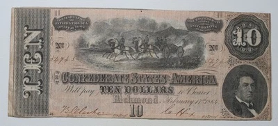 Billete de 10 dólares CSA de 1864 de los Estados Confederados de América/N9 Foto 1 de 2