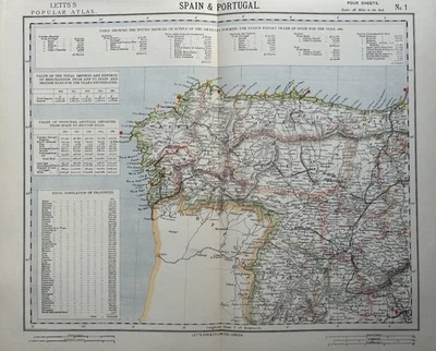 1883 Northwest Spain Original Antique Colour Map by Letts - Image 1 of 3
