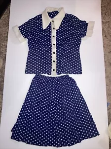 Vintage 40s Day Dress-Navy Polka Dot Top And Skirt Madmen Look Small - Picture 1 of 4