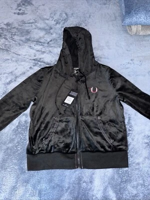 Terno de atletismo True Religion feminino pequeno preto/rosa jaqueta calça moletom jogger - Imagem 1 de 4