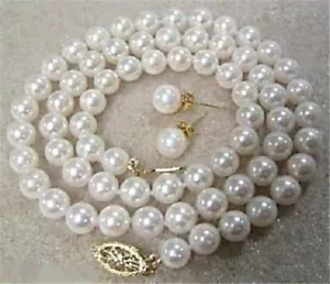 8mm White Cultured Shell Pearl Round Beaded Necklace Earrings Set 18" - Picture 1 of 12