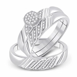 Sterling Silver His Hers Round Diamond Cluster Matching Bridal Wedding Ring Set - Picture 1 of 3