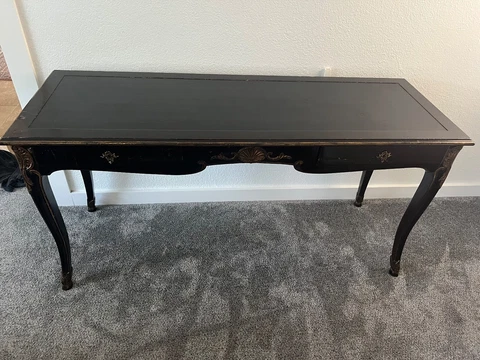 Vintage Desk, leather topped.  Picturesque  wood - gold trimmed Cover