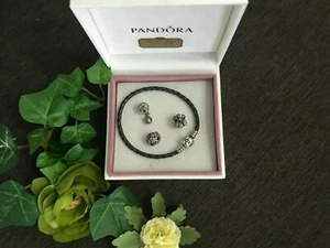 Damen PANDORA Lederarmband grau Länge 19 cm Sterling/Silber 3 CHARM/Anhänger - Bild 1 von 6