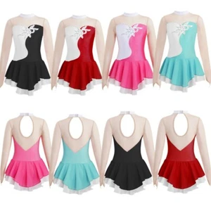 Mädchen Langarm Skaterkleid Glitzer Eiskunstlauf Kleid Tanzkleid Mesh Trikot - Picture 1 of 46