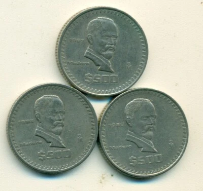 3 DIFFERENT 500 PESO COINS from MEXICO (1986, 1987 & 1988) - Image 1 of 2