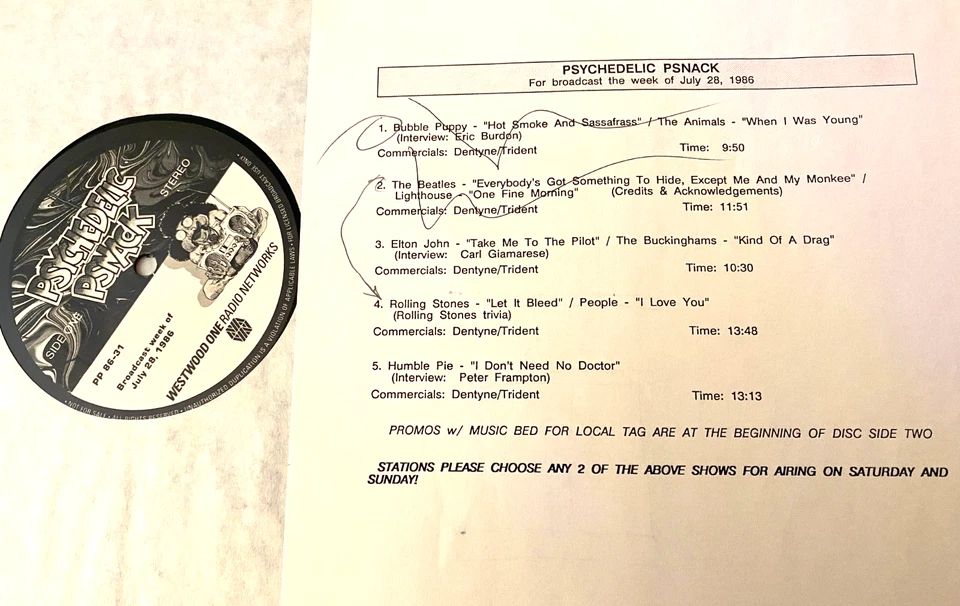 7/28/86 PSYCHEDELIC PSNACK RADIO SHOW, 5 MINI SHOWS (9 TO 15 MIN) & INTERVIEWS - Image 1 of 1