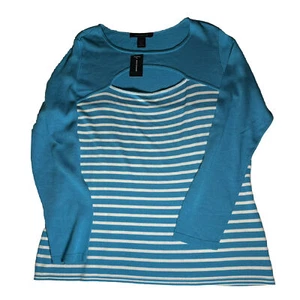 Ashley Stewart Damen Bluse Gr. 22/24 Peek A Boo Blau Weiß Gestreift Neu - Bild 1 von 7