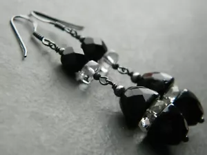 Art Deco French Jet & Clear Glass Faceted Beads & Oxidised 925 Silver Earrings - Picture 1 of 15