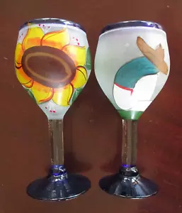 Pair of Hand Painted Mexico Wine Goblets Cobalt Base and Rim 7 1/4"h - Picture 1 of 11